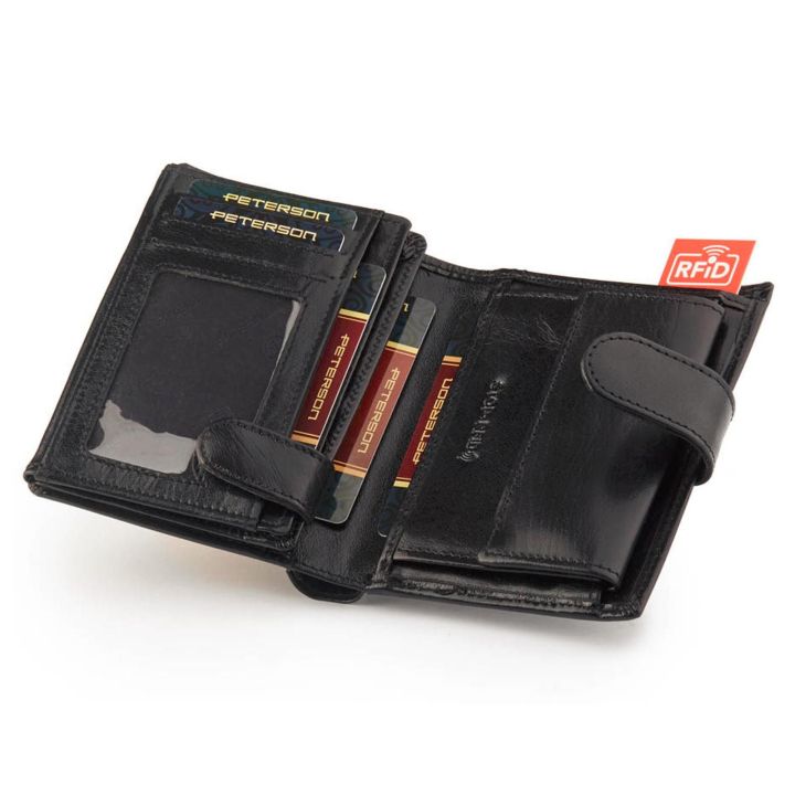 Odinė juoda piniginė su RFID apsauga kasdienai Peterson