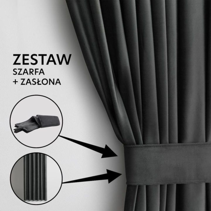 Užuolaida su surišimu velvetinė tamsiai pilkos spalvos