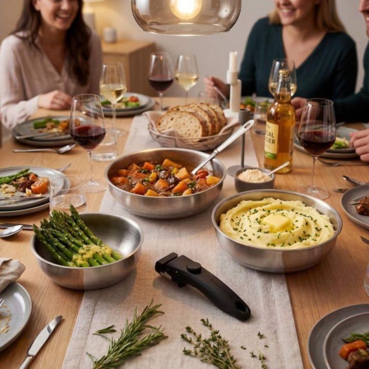 Russell Hobbs RH04033 nerūdijančio plieno 4 dalių keptuvių rinkinys su užsegama rankena