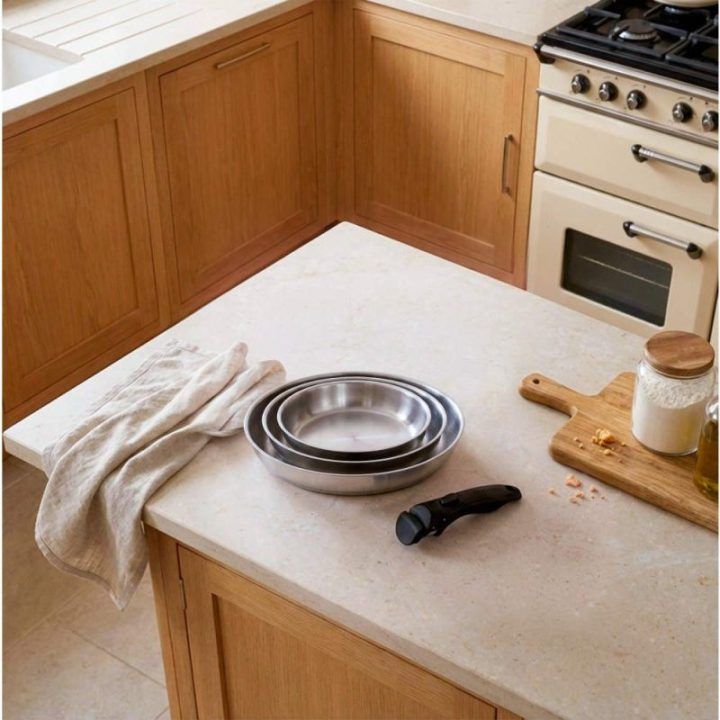 Russell Hobbs RH04033 nerūdijančio plieno 4 dalių keptuvių rinkinys su užsegama rankena