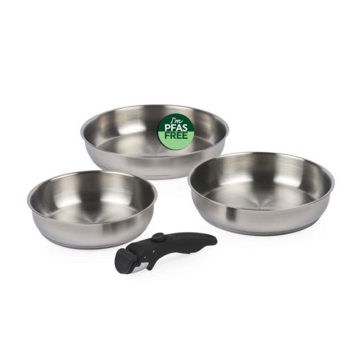 Russell Hobbs RH04033 nerūdijančio plieno 4 dalių keptuvių rinkinys su užsegama rankena