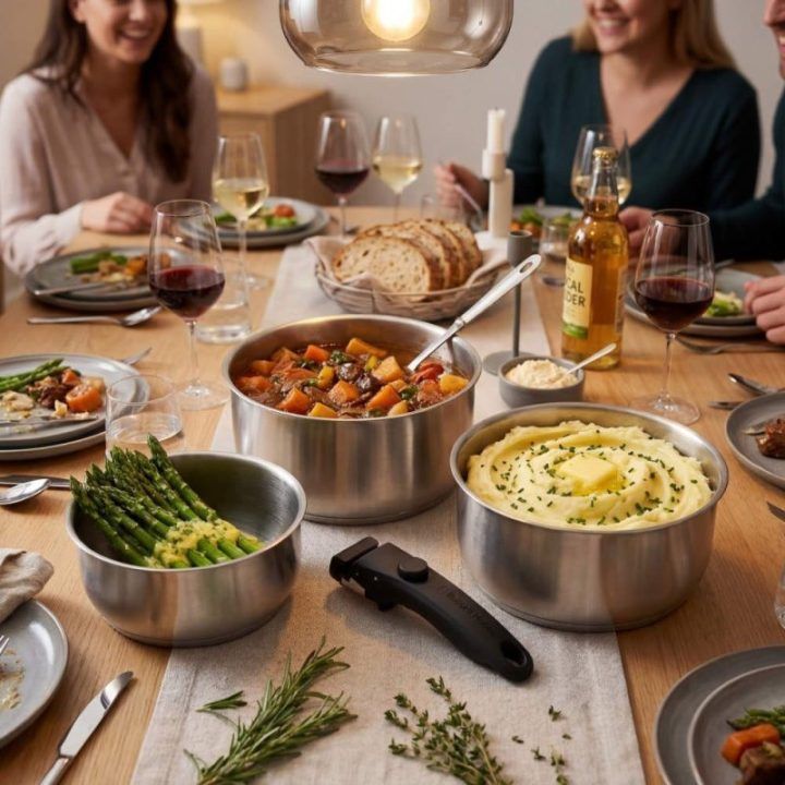 Russell Hobbs RH04034 nerūdijančio plieno 4 dalių puodų rinkinys su nuimama rankena