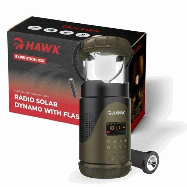 Hawk HWRDI430GN radijas su saulės baterija, dinaminiu generatoriumi ir žibintuvėliu