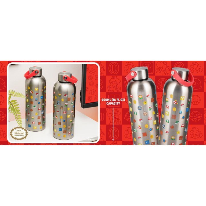 Paladone Super Mario metalinis vandens butelis su nešiojimo kilpele, 500 ml