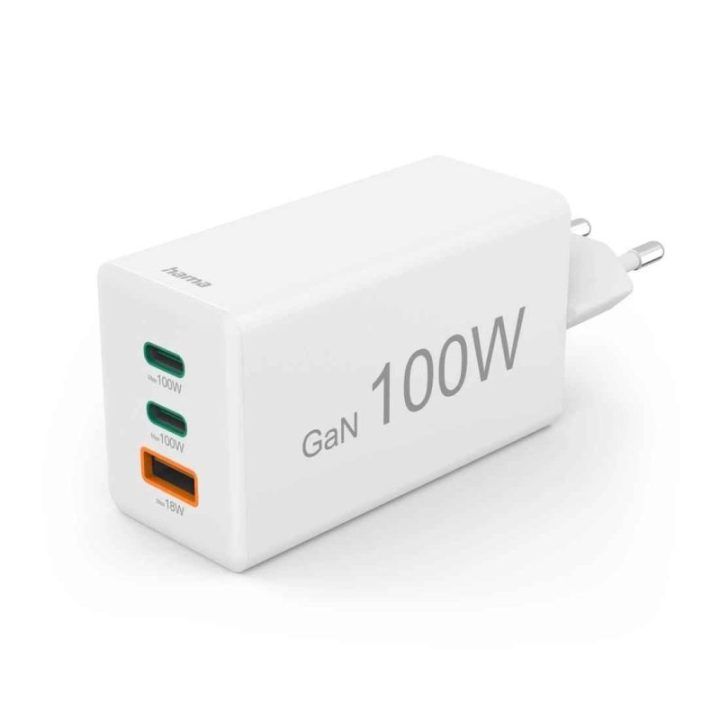 Hama 00125140 100 W GaN PD/QC įkroviklis, 2× USB-C ir 1× USB-A