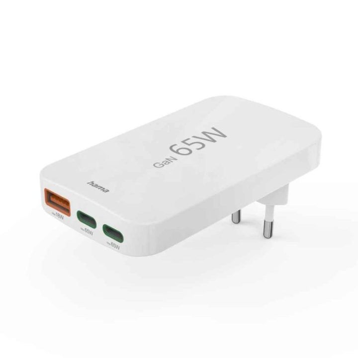 Hama 65 W GaN įkroviklis su 2× USB-C ir 1× USB-A, baltas