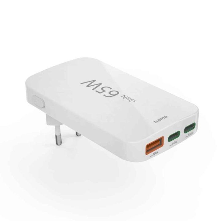 Hama 65 W GaN įkroviklis su 2× USB-C ir 1× USB-A, baltas