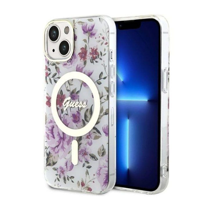 Permatomas dėklas Guess Flower MagSafe iPhone 14