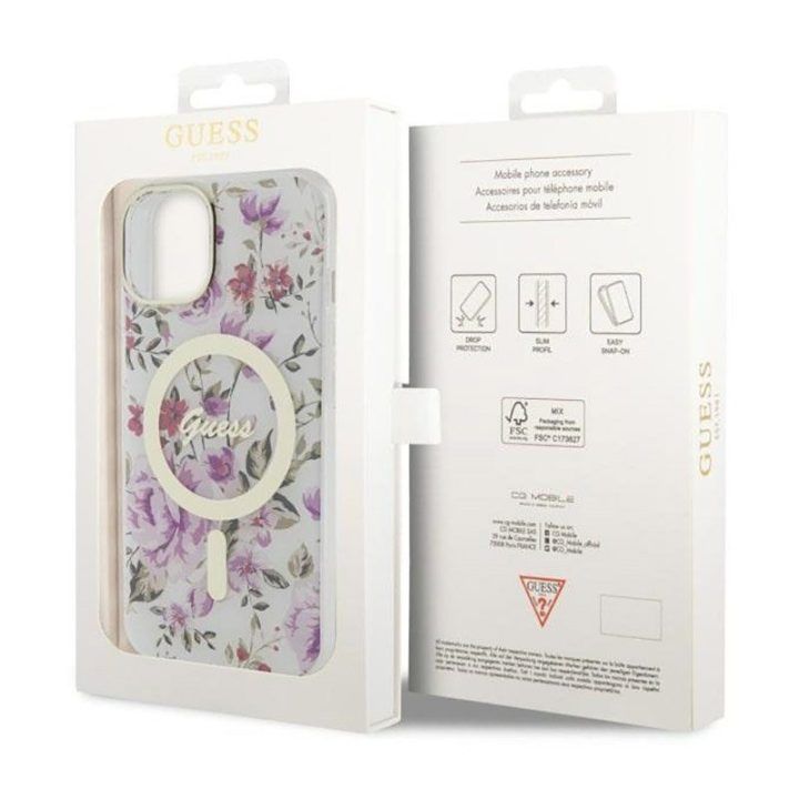 Permatomas dėklas Guess Flower MagSafe iPhone 14
