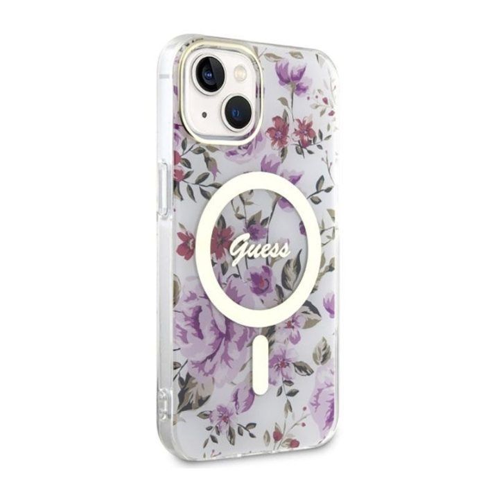 Permatomas dėklas Guess Flower MagSafe iPhone 14