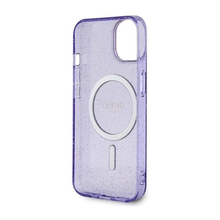 Telefono dėklas Guess Glitter Gold MagSafe iPhone 14 Plus, violetinis