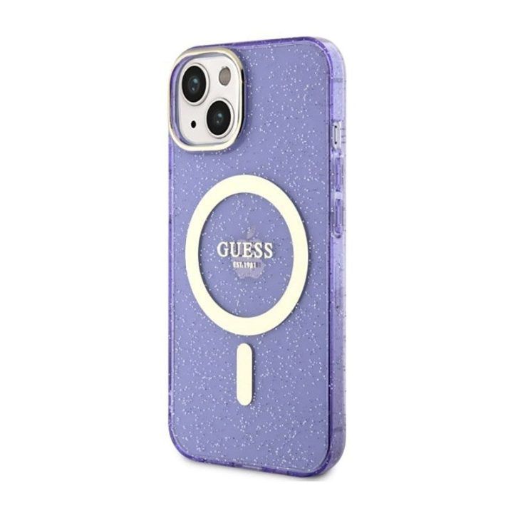 Telefono dėklas Guess Glitter Gold MagSafe iPhone 14 Plus, violetinis
