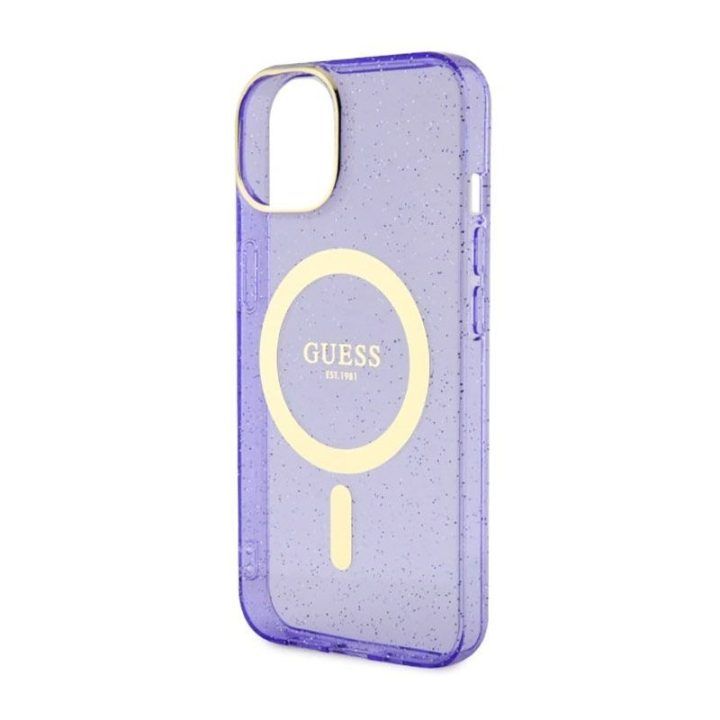 Telefono dėklas Guess Glitter Gold MagSafe iPhone 14 Plus, violetinis