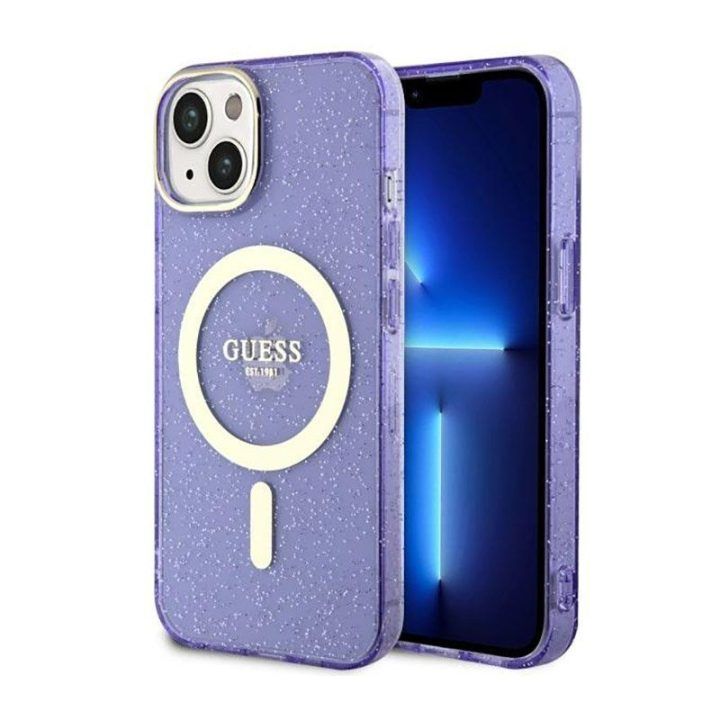 Telefono dėklas Guess Glitter Gold MagSafe iPhone 14 Plus, violetinis