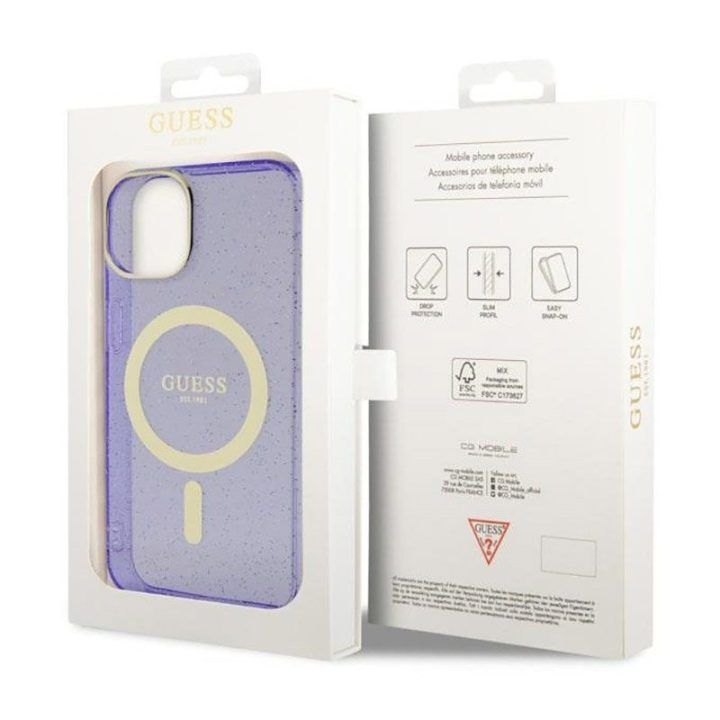 Telefono dėklas Guess Glitter Gold MagSafe iPhone 14 Plus, violetinis