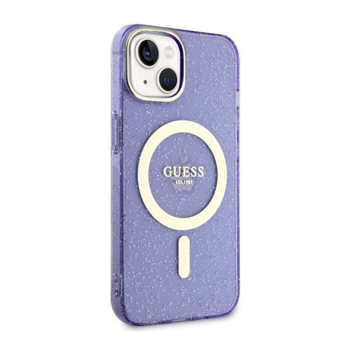 Telefono dėklas Guess Glitter Gold MagSafe iPhone 14 Plus, violetinis