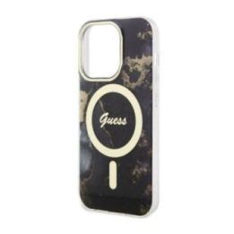 Dėklas iPhone 14 Pro Max Guess Golden Marble MagSafe, juodas