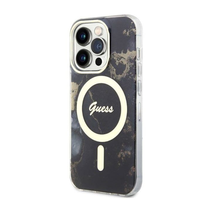 Dėklas iPhone 14 Pro Max Guess Golden Marble MagSafe, juodas