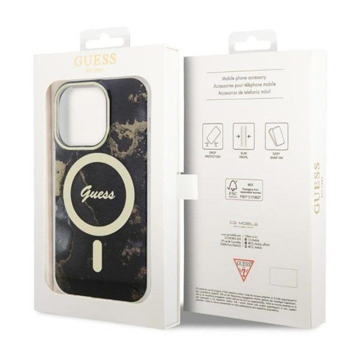 Dėklas iPhone 14 Pro Max Guess Golden Marble MagSafe, juodas