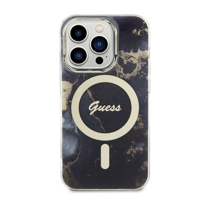 Dėklas iPhone 14 Pro Max Guess Golden Marble MagSafe, juodas