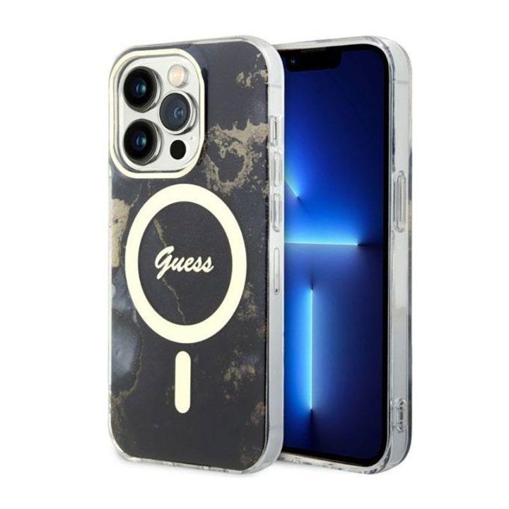 Dėklas iPhone 14 Pro Max Guess Golden Marble MagSafe, juodas