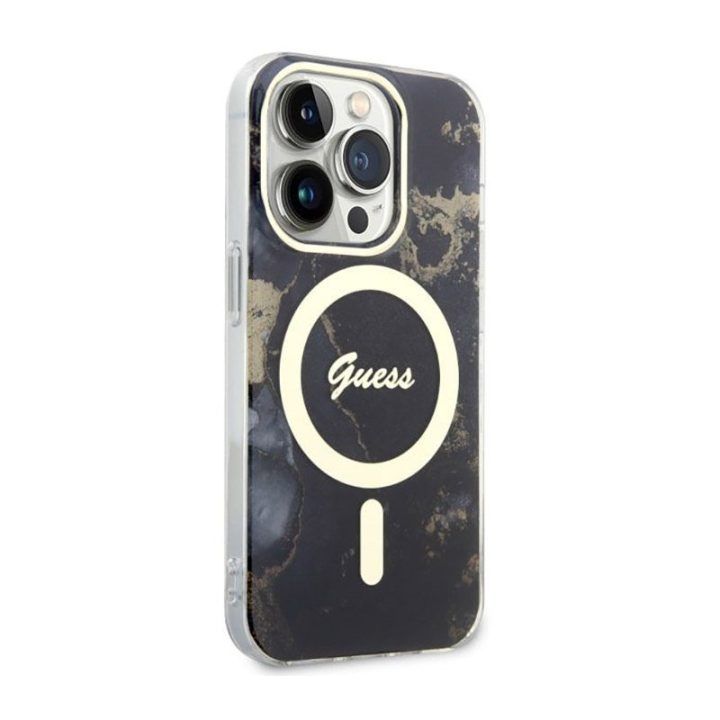 Dėklas iPhone 14 Pro Max Guess Golden Marble MagSafe, juodas