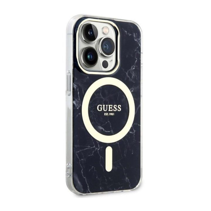 Dėklas Guess Marble MagSafe iPhone 14 Pro, juodas