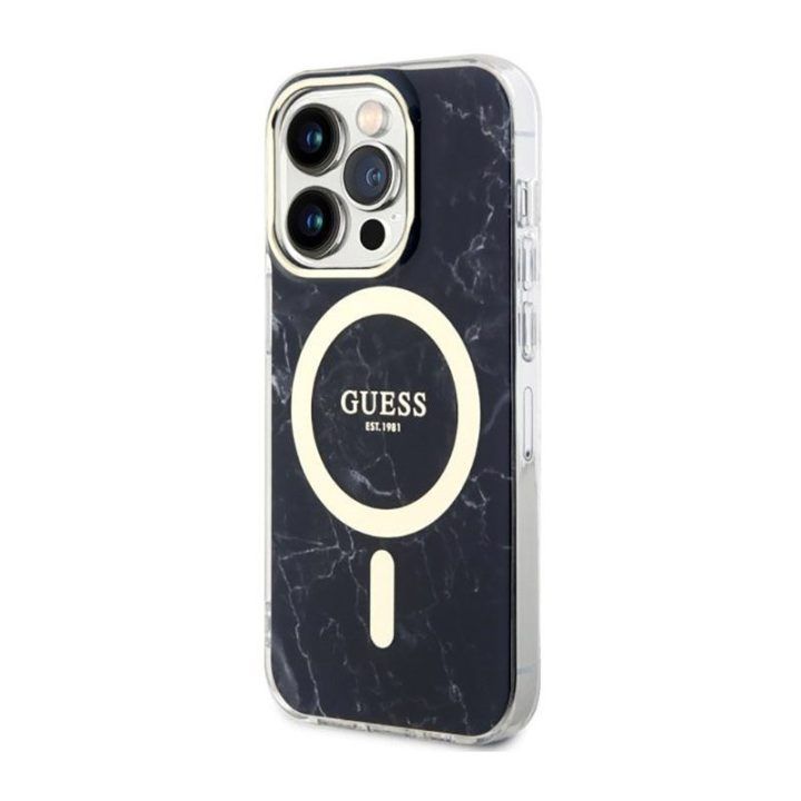 Dėklas Guess Marble MagSafe iPhone 14 Pro, juodas