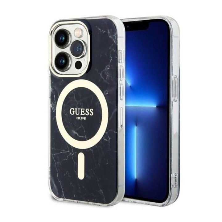 Dėklas Guess Marble MagSafe iPhone 14 Pro, juodas