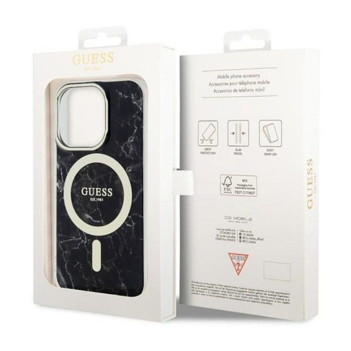 Dėklas Guess Marble MagSafe iPhone 14 Pro, juodas