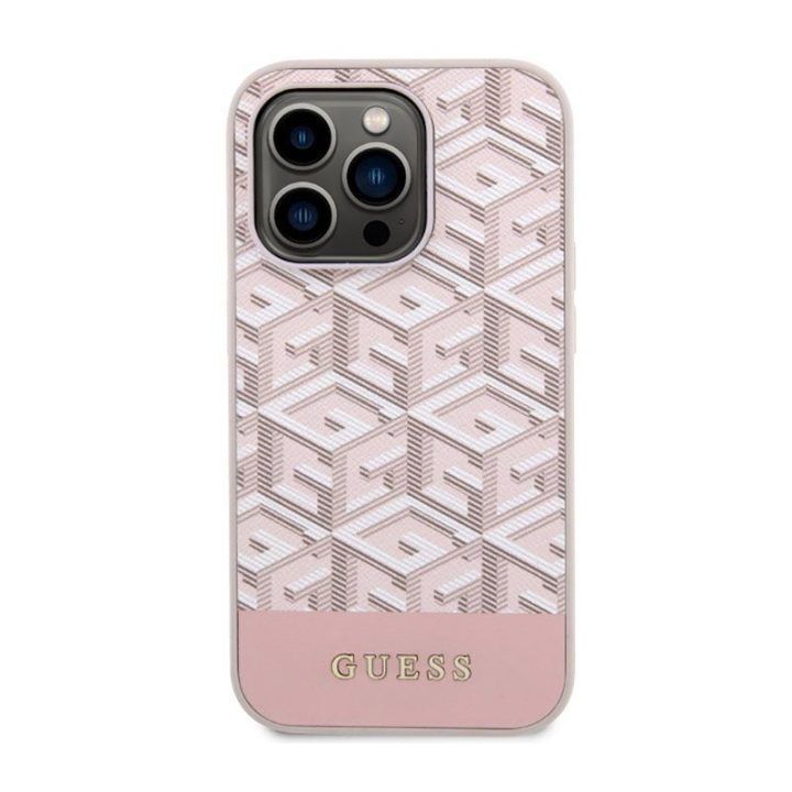 Dėklas iPhone 14 Pro Guess GCube Stripes MagSafe, rožinis