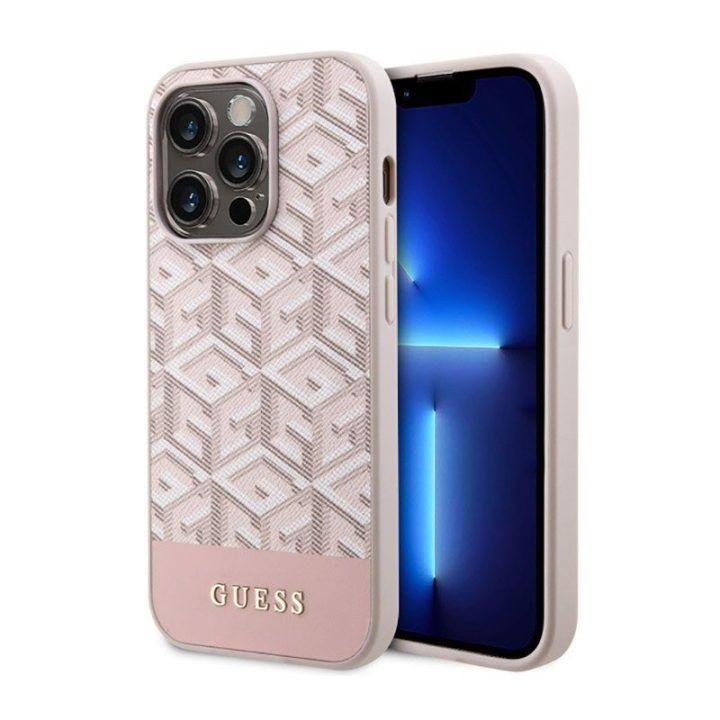 Dėklas iPhone 14 Pro Guess GCube Stripes MagSafe, rožinis