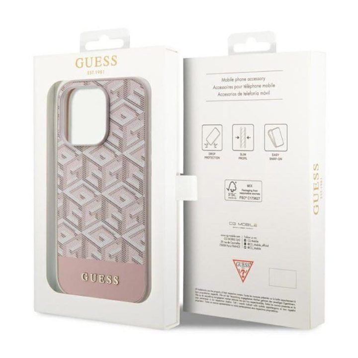 Dėklas iPhone 14 Pro Guess GCube Stripes MagSafe, rožinis