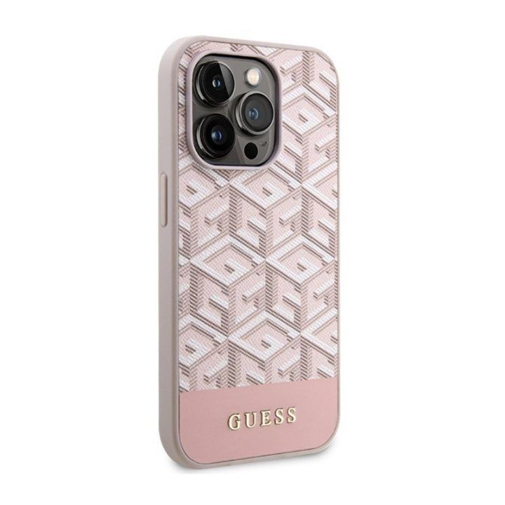 Dėklas iPhone 14 Pro Guess GCube Stripes MagSafe, rožinis