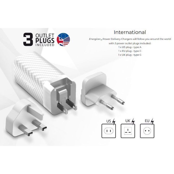 Įkroviklis Energizer Ultimate USB-C ir USB-A 65W, sidabro spalvos