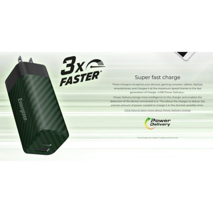 Įkroviklis Energizer Ultimate USB-C ir USB-A 65W, sidabro spalvos