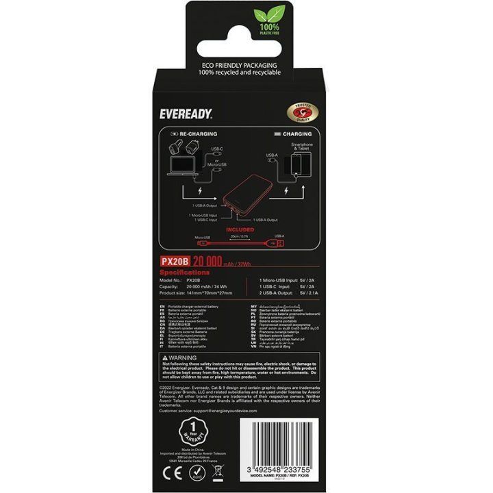 Eveready PX20B išorinė baterija 20000 mAh, juoda