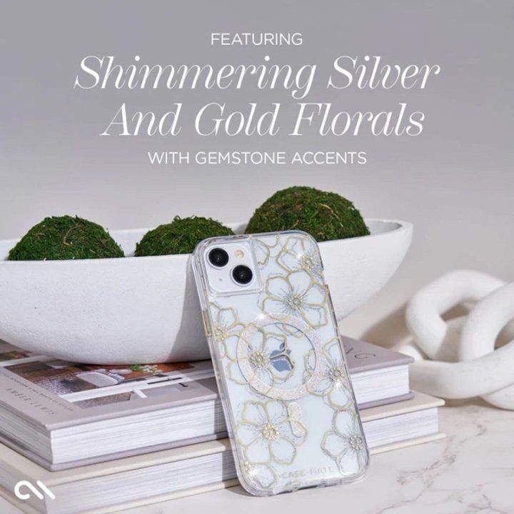 Dėklas iPhone 15 Plus Case-Mate Floral Gems, aukso spalvos