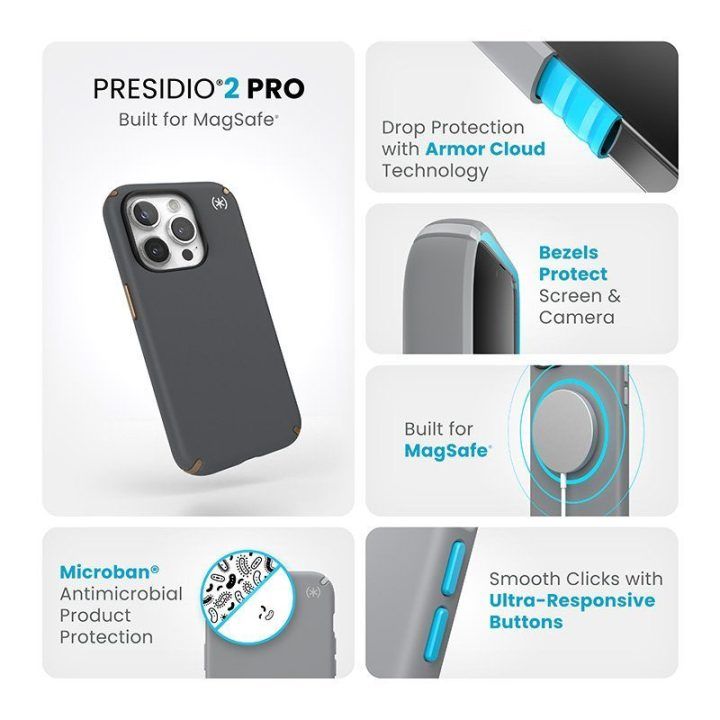 Dėklas iPhone 15 Pro Speck Presidio2 Pro MagSafe, pilkas