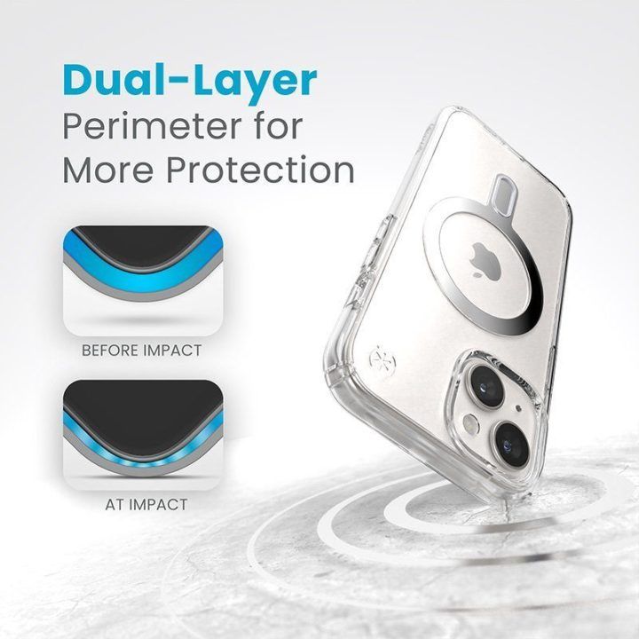 Dėklas Speck Presidio Perfect-Clear ClickLock & MagSafe iPhone 17e / 16e / 15 / 14 / 13, permatomas