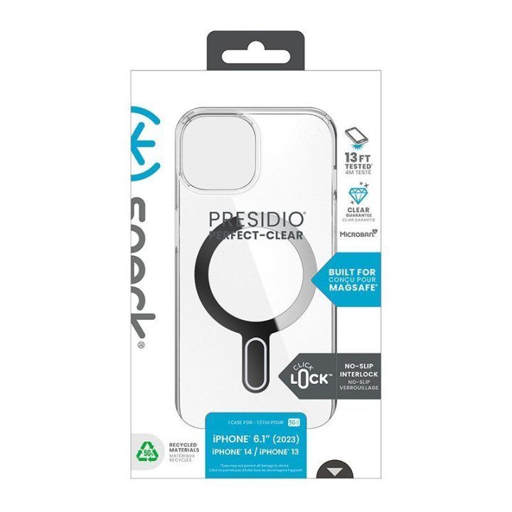 Dėklas Speck Presidio Perfect-Clear ClickLock & MagSafe iPhone 17e / 16e / 15 / 14 / 13, permatomas