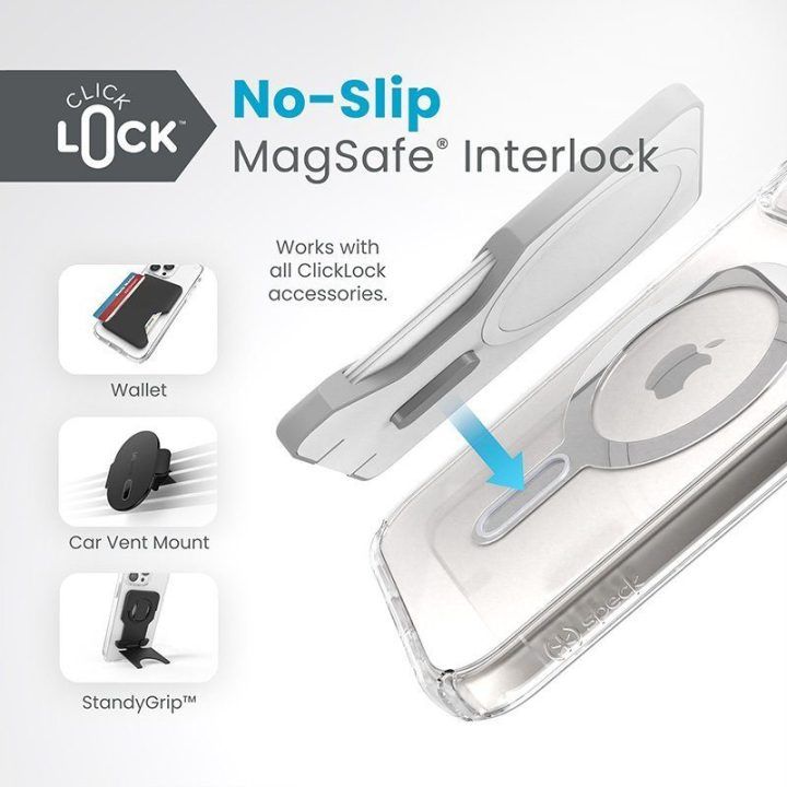 Dėklas Speck Presidio Perfect-Clear ClickLock & MagSafe iPhone 17e / 16e / 15 / 14 / 13, permatomas