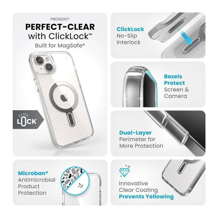 Permatomas dėklas Speck Presidio Perfect-Clear ClickLock MagSafe iPhone 15 Plus / 14 Plus