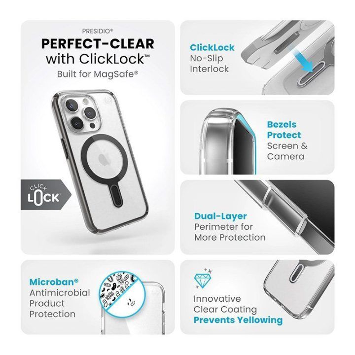 Dėklas iPhone 15 Pro Speck Presidio Perfect-Clear ClickLock su MagSafe
