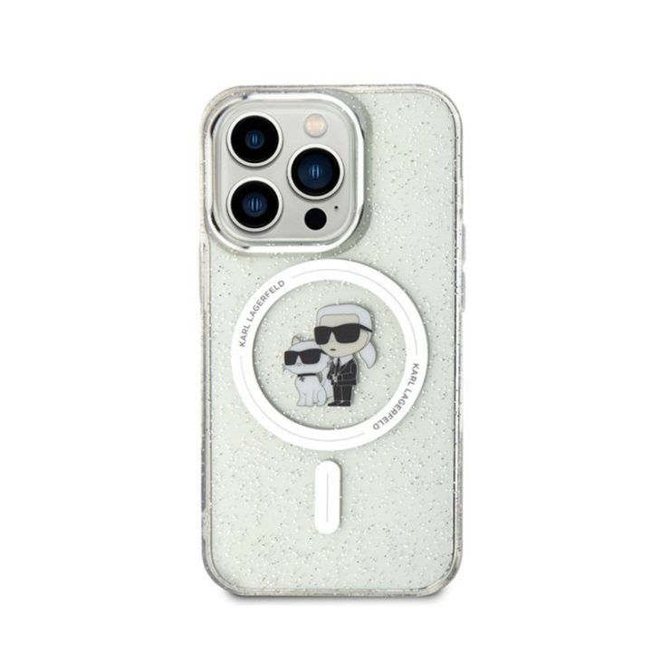 Permatomas dėklas iPhone 15 Pro Karl Lagerfeld Karl & Choupette Glitter Magsafe