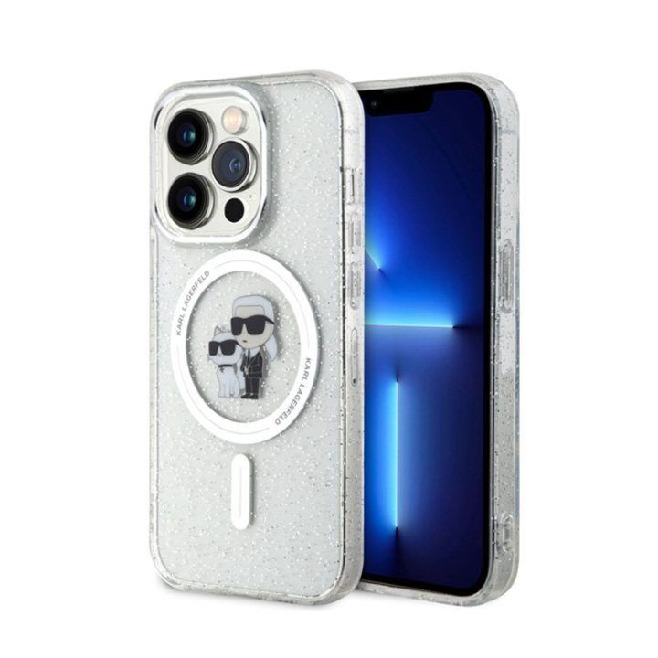 Permatomas dėklas iPhone 15 Pro Karl Lagerfeld Karl & Choupette Glitter Magsafe