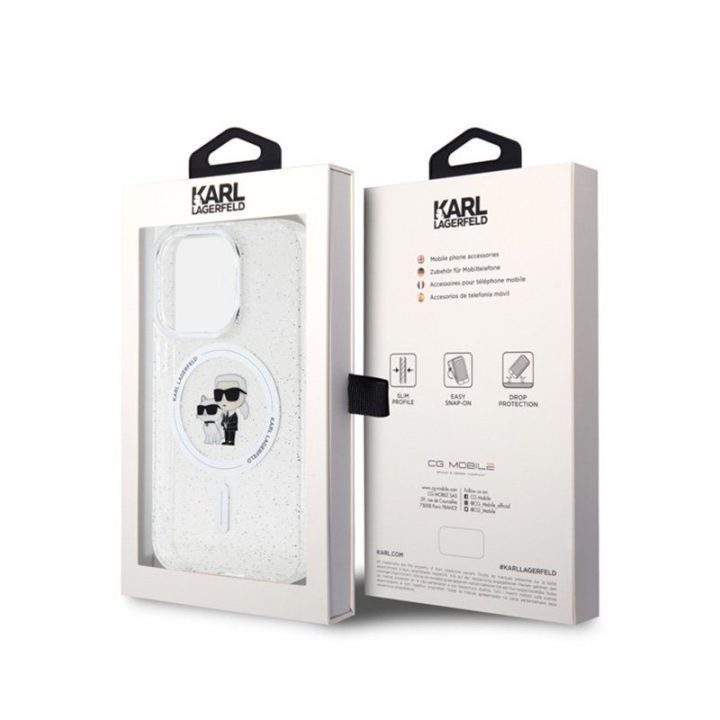 Permatomas dėklas iPhone 15 Pro Karl Lagerfeld Karl & Choupette Glitter Magsafe