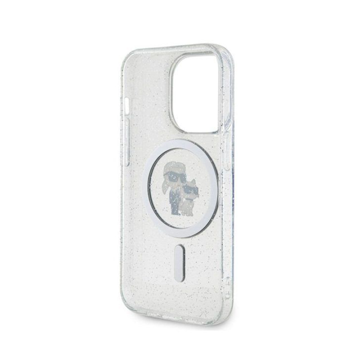 Permatomas dėklas iPhone 15 Pro Karl Lagerfeld Karl & Choupette Glitter Magsafe