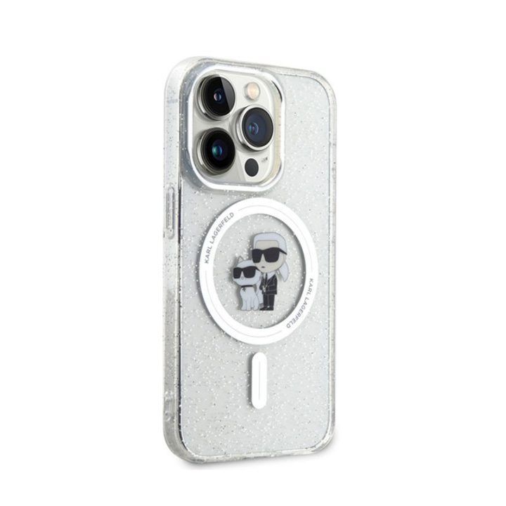 Permatomas dėklas iPhone 15 Pro Karl Lagerfeld Karl & Choupette Glitter Magsafe
