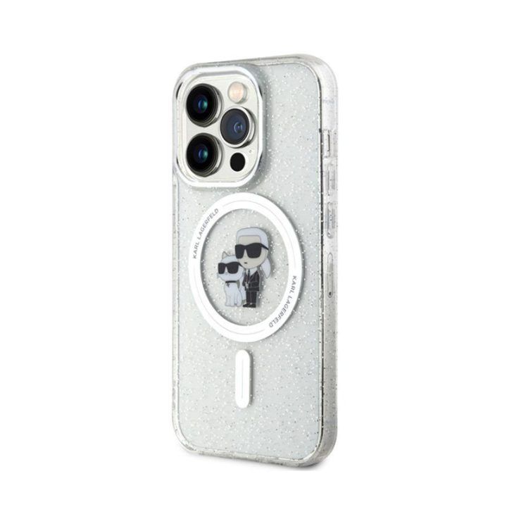 Permatomas dėklas iPhone 15 Pro Karl Lagerfeld Karl & Choupette Glitter Magsafe
